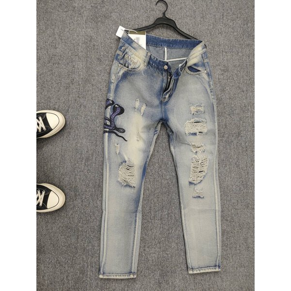 Men's Light Blue Ripped Skinny Jeans Low Waist Slim Fit European Style Trendy Embroidered Long Trousers High Street Fashion-image