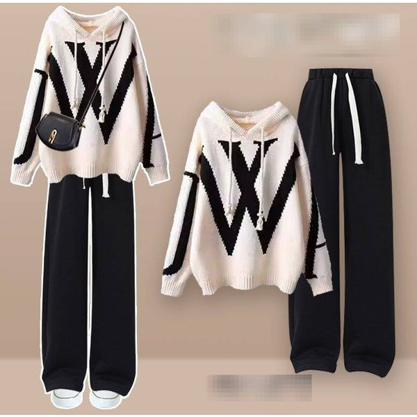 Women's Autumn Winter Loose Knit Sweater & Wide Leg Pants Set - Cozy Oversized Pullover With Flowy Trousers, Beige & Black-image