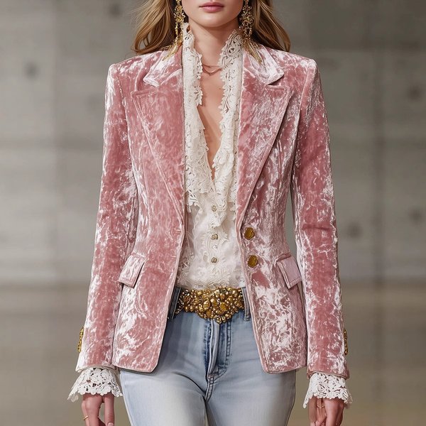 Women’s Velvet Blazer With Notch Lapel – Slim Fit Long Sleeve Jacket With Pockets (Pink, S-XXXL, 85% Polyester, Office & Streetwear)