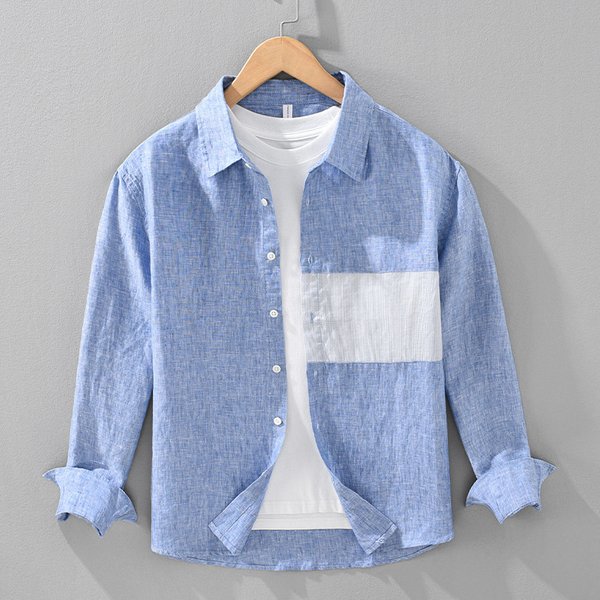 Splicing Color Blocking Long Sleeved Shirt For Men, Pure Linen Casual And Artistic Loose Top, Men's Thin Shirt