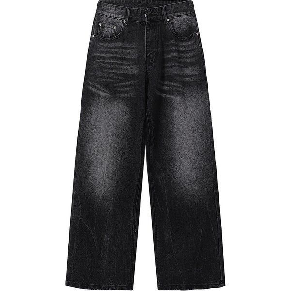 Men's Clothing Vintage Washed Black Denim Jeans – Relaxed Straight Fit (S-3XL, 98% Cotton)