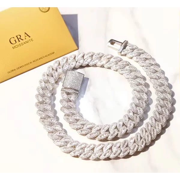 XINGGUANG Gems Customized 15mm Cuban Link Chain 925 Sterling Silver With Baguette Moissanite Bling Diamond Hip Hop