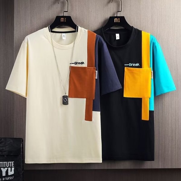 Men's Clothing Color Matching Pocket High End Half Sleeved Top New Round Neck Loose T Shirt Summer Contrast Color Short Sleeved T Shirt For Men-image