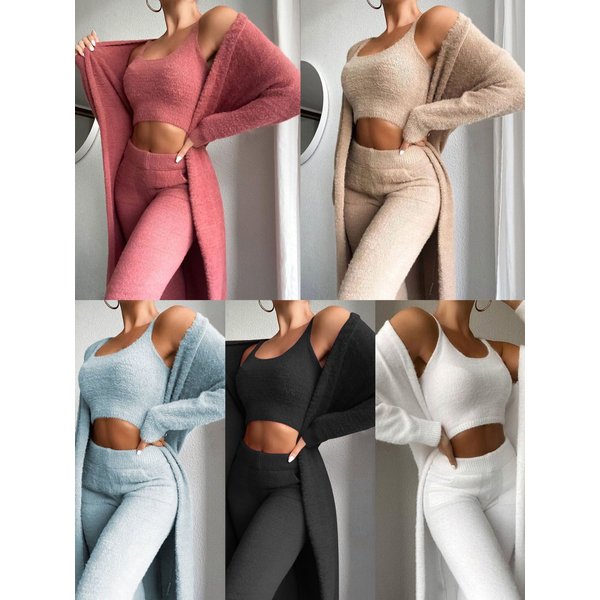 Women's sexy V-neck plush short vest pants three-piece suit
