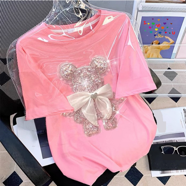 Women's Clothing Goods Three Dimensional Diamond Sequin Embroidery Cartoon Short Sleeved T Shirt For Women Summer Loose Fashion Age Reducing Tops