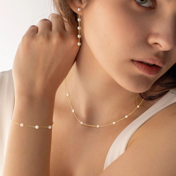 Brass Real Gold Electroplating Fashion Retro Pearl High End Chain Ladies Necklace Set-image