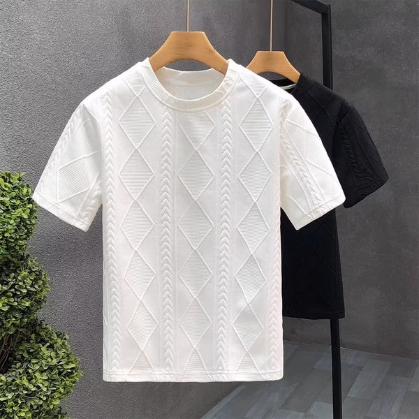 Men's Diamond Jacquard Slim Fit T-Shirt Round Neck Short Sleeve Heavyweight Trendy Cotton Summer Top In White Black-image