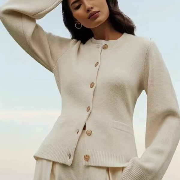 European And American Foreign Trade Cross-Border Horn Sleeve Waist Round Neck Solid Color Coat Top Temperament Independent Station Knitted Cardigan Wo-image