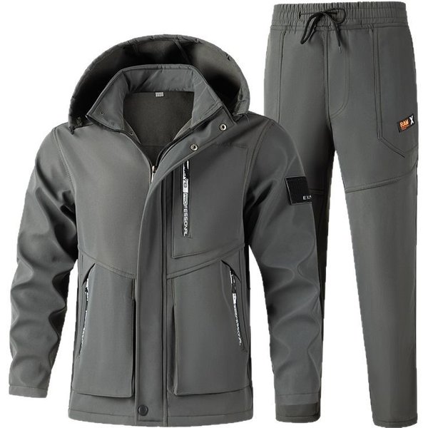 Men's Winter Fleece-Lined Waterproof Work Jacket & Pants Set - Windproof Thermal Insulated Outdoor Workwear For Cold Weather