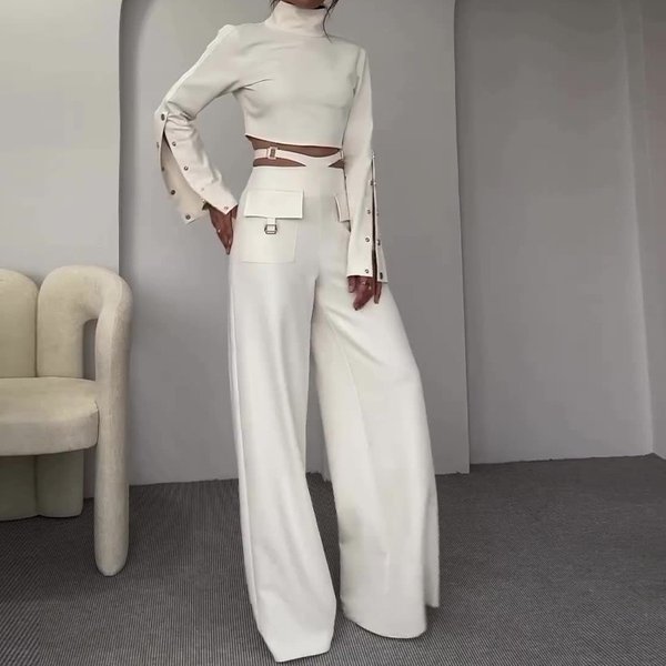 Women's Clothing High Collar Solid Color Navel Exposed Sweet And Spicy Loose Wide Leg Suit For Women-image
