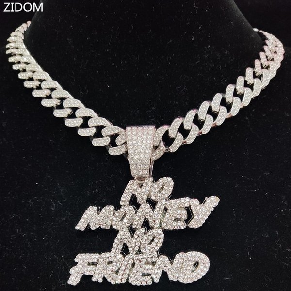 Men Women Hip Hop NO Money No Friend Pendant Necklace With 13mm Cuban Chain HipHop Iced Out Bling Necklaces Fashion
