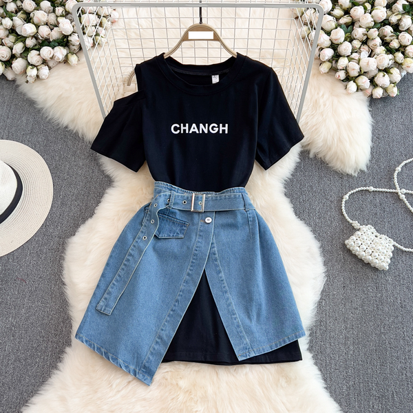 Women's clothing Hong Kong style ins round neck off-shoulder mid-length T-shirt layered short-sleeved two-piece suit high-waisted denim skirt summer