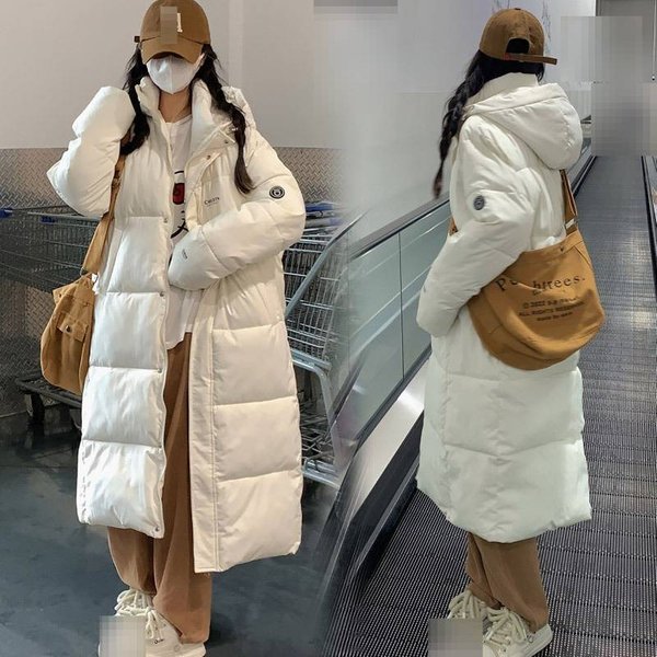 Women's Extra-Long Winter Coat With Polyester Filling, Knee-Length Oversized Hooded Parka, Unisex Loose Fit, Korean Streetwear Style