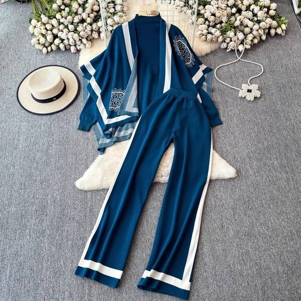 Women's Clothing Winter Fashion Suit Design Color Matching Long Sleeved Knitted Cardigan Sweater Versatile High Waist Wide Leg Pants Three Piece Suit-image