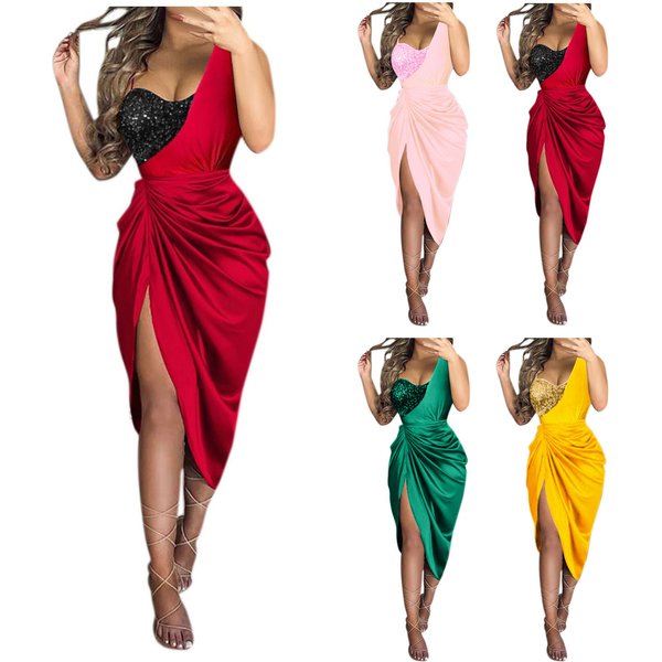 Women's Clothing Solid Color Sexy Sequins Slit Pleated One Shoulder Evening Dress