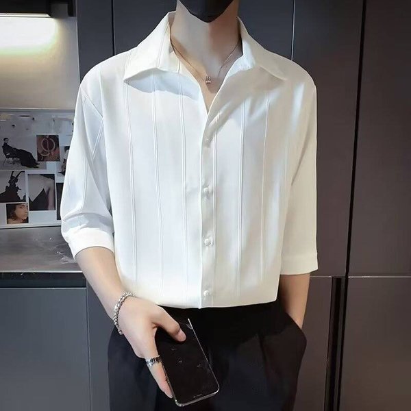 Men's Clothing Short Sleeved Men's Shirt Summer Striped Shirt Men's New Style High End Handsome Casual Shirt Solid Color Top-image