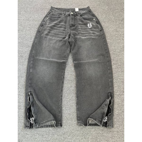 Men's Vintage Washed Denim Jeans - Straight Leg Embroidered Retro Jeans, Classic Streetwear Pants-image
