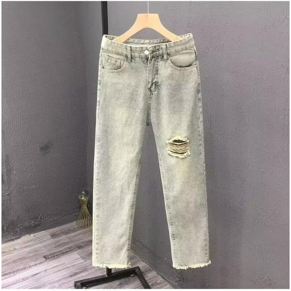 Men' Ripped Jean Summer High Street Hip Hop Wide Cropped Fringe Raw Hem College Student Looe Straight Leg Beggar-image