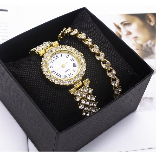 Women's Bracelet Watch Set Fashion Gold Full Diamond Steel Band Watch-image