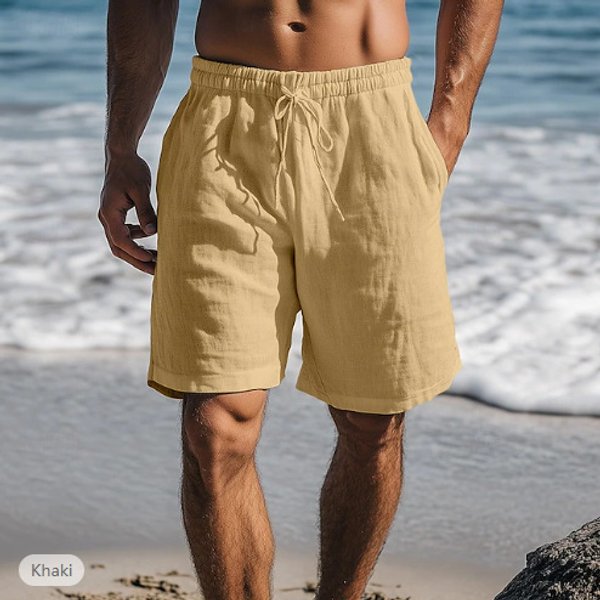 Men's Cotton Linen Casual Shorts - Elastic Waist With Drawstring | Breathable Solid Color Beach Shorts | Lightweight & Comfortable For Daily Wear-image