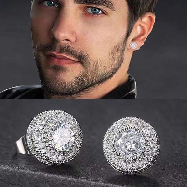 Earrings for men's hip-hop, round, full diamond, zircon earrings, trendy, niche, luxurious, and high-end earrings