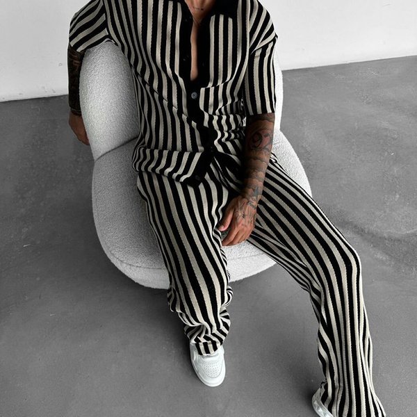 Men's Clothing Men's Spring/Summer Two-Piece Set Collared Striped Casual Shirt And Trousers Style Short Sleeved-image