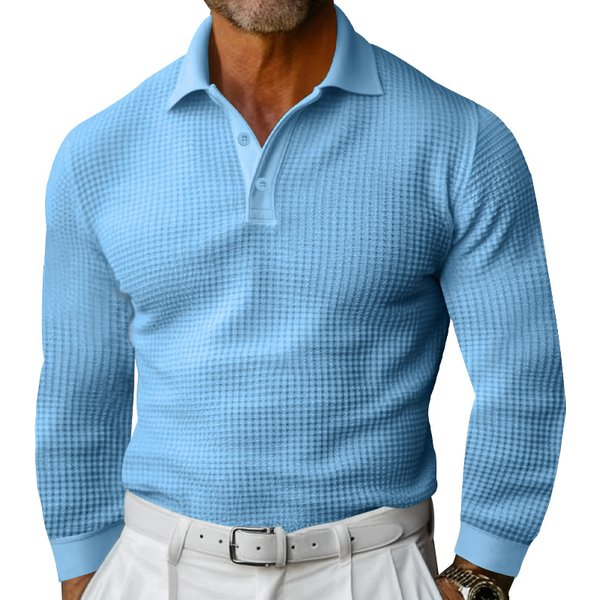 Men's Clothing T Shirt Waffle Lapel Button Slim Long Sleeved Polo Shirt Men-image
