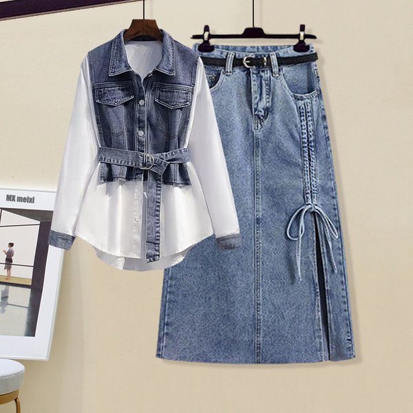 Women's Clothing Spring Gentle Outfit For Women New Style Slim All Match Waist Shirt Denim Skirt Two Piece Suit-image