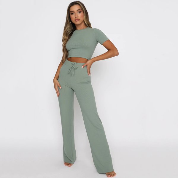 Women's Clothing Short Sleeved Cropped Tops Trousers Knitted Casual Suit-image