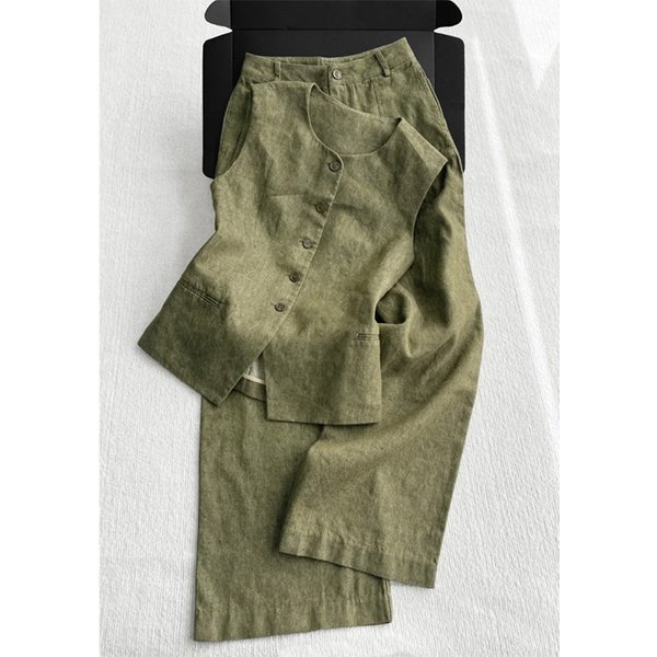 Women's Clothing Outfit With A Complete Set Of Stylish Cotton And Linen Vest Casual Pants Suit-image