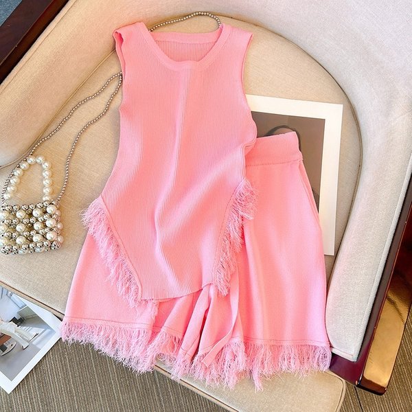 Women's Clothing Sweet And Spicy Style Top Suit Women's Pink Tassel Knitted Small Camisole + High Waist Wide Leg Casual Shorts-image