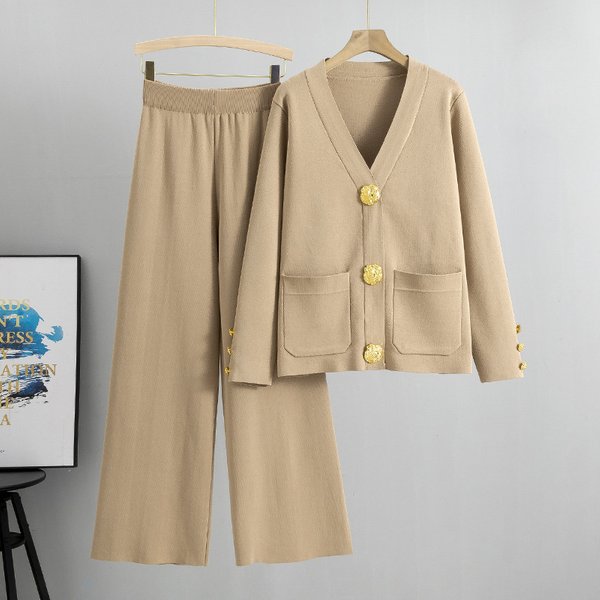 Women's Clothing Goods Casual Fashion Two Piece Suit For Women Autumn And Winter Versatile Metal Buckle Knitted Cardigan Sweater Wide Leg Pants Suit-image