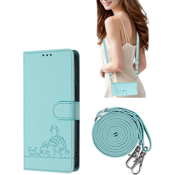Crossbody Strap Case For Samsung Galaxy S24 Ultra S23 Plus S22 S21 S20 FE A55 Cute Cat Leather Flip Wallet Card Necklace