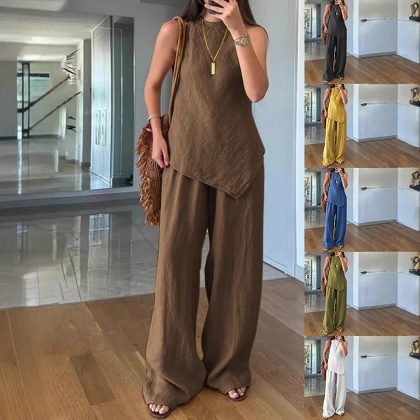 Women's Clothing Casual Round Neck Pullover Sleeveless Plus Pocket Trousers Cotton Multi Color Suit-image