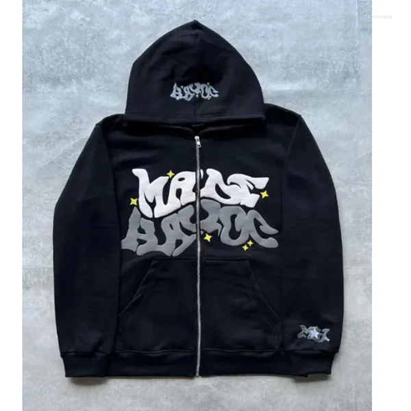 Men's Hoodies Retro Letter Printed American High Street Zip Up Oversized Sweatshirts Hip Hop Long Sleeve Jacket Coats