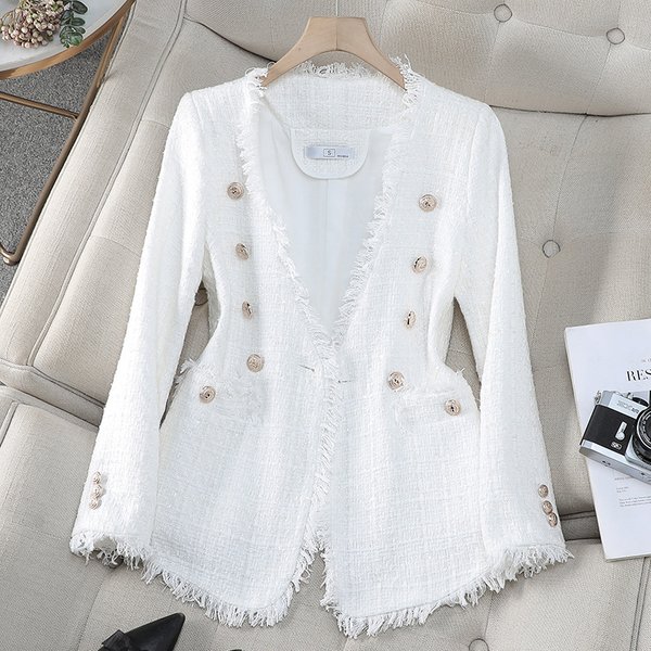 Women's Clothing Elegant French-Inspired Women's Blazer With V-Neck & Double Breasted Buttons - Tweed Jacket For Office & Evening Wear-image