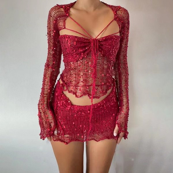 Women's Clothing fashion slim sexy long sleeved woolen short skirt exposed navel T shirt split short four piece set