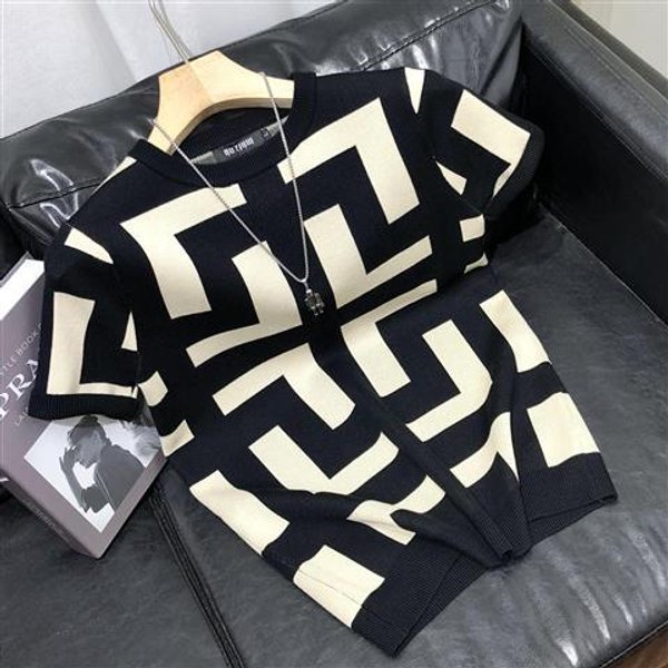 Men's Clothing Ice Silk Short-Sleeved Men's Knitted Sweater Geometric Jacquard Tops Summer New Round Neck Slim Bottom Half-Sleeved Men-image