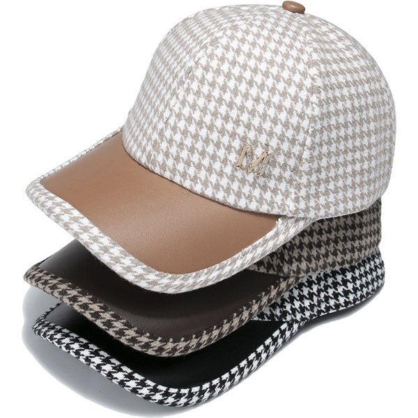 Hat Women's Houndstooth Spliced PU Leather Brim Baseball Cap Autumn and Winter Style M Label Thickened Warm Korean Internet Red Peaked Cap