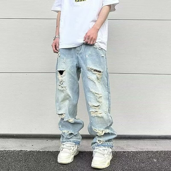 Ripped Jeans Men's Summer Thin Trendy Brand American High Street Retro Washed Loose Straight Casual Versatile Pants