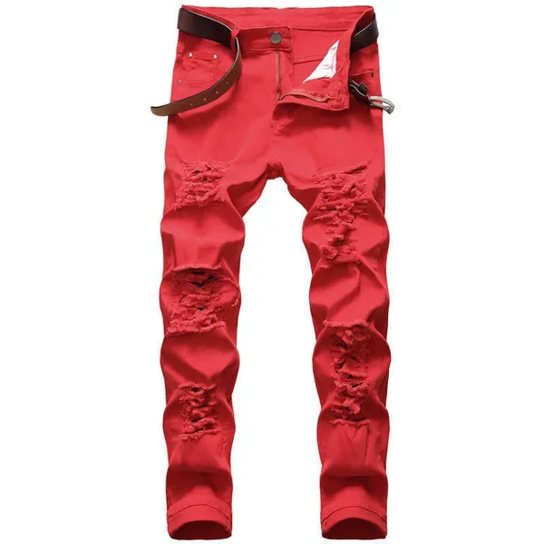 Men's Men Slim Mens Trousers Zipper Red Hole Pencil Pants Denim Jeans For Man Straight Full Length T221102