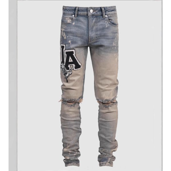 Men's Clothing High Street Fashion Trend Men's Jeans Blue Slim Fit Elastic Patch Print Design Foreign Trade Wholesale Jeans Men-image