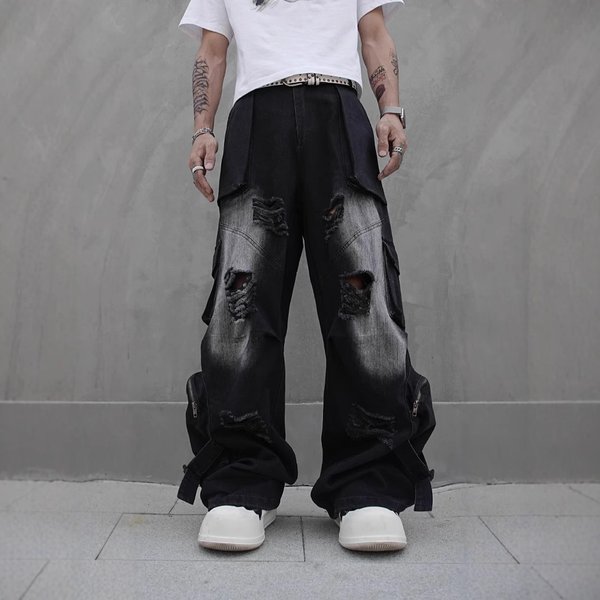 Men's Clothing Vibe Street Hip Hop Overalls Hip Hop Jeans Straight Wasteland High Street Multi Pocket Mopping Pants-image