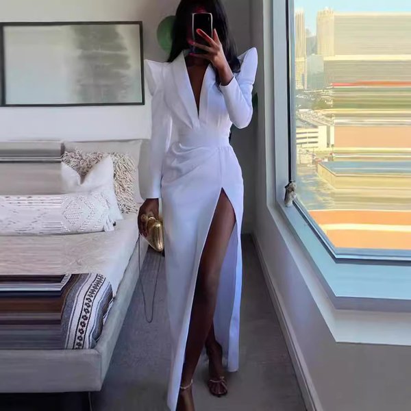 Women's Clothing Spot New Long Sleeves Sexy V Neck Independent Station Women's Clothing Wide Shoulders Waist High Slit Long Skirt-image