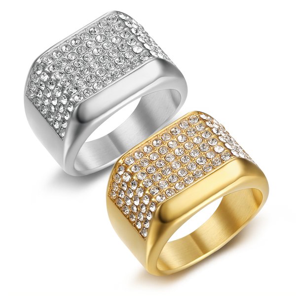 Trendy Nightclub Hip-Hop Stainless Steel Gold-Plated Full Diamond Men's Ring-image