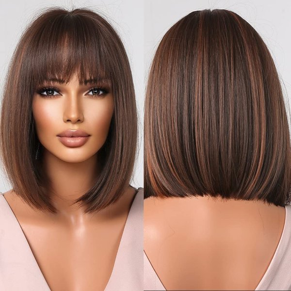 Allbell Brown Short Wave Headed Wig Is Suitable For Women's Mixed Brown Synthetic Wigs With Bangs And Heat-Resistant-image