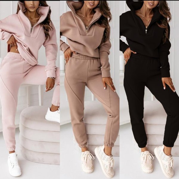 Women’S Fleece Zip-Up Hoodie & Pants Set – Geometric Print Long Sleeve Tracksuit (S-Xxl, Pink/Brown/Black)-image