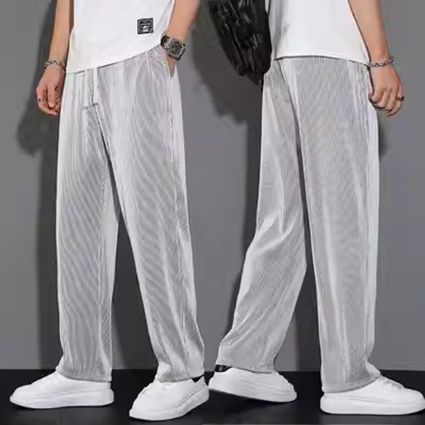 Men's Clothing Wide-leg pants men's summer thin ice silk drape elastic striped casual pants trendy loose straight sports trousers