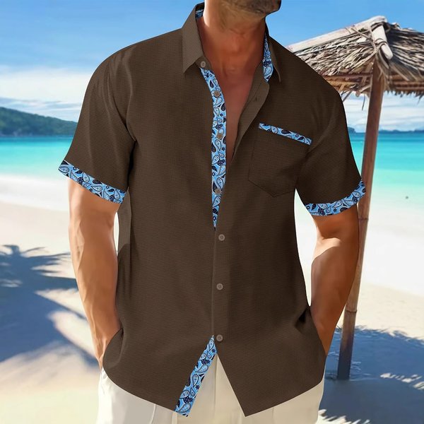 Men's Hawaiian Beach Vacation Shirt Short Sleeved Cardigan Shirt Lapel Lace Casual Shirt-image