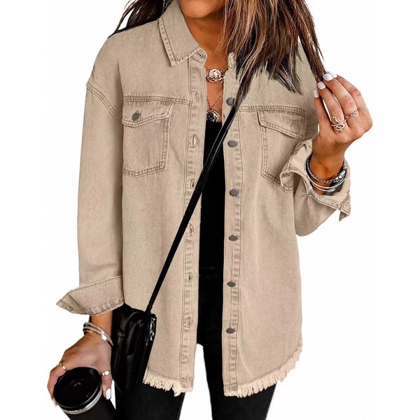 Women's Distressed Denim Shirt Jacket - Oversized Streetwear Style With Raw Hem Detail (15 Colors, S-2XL)